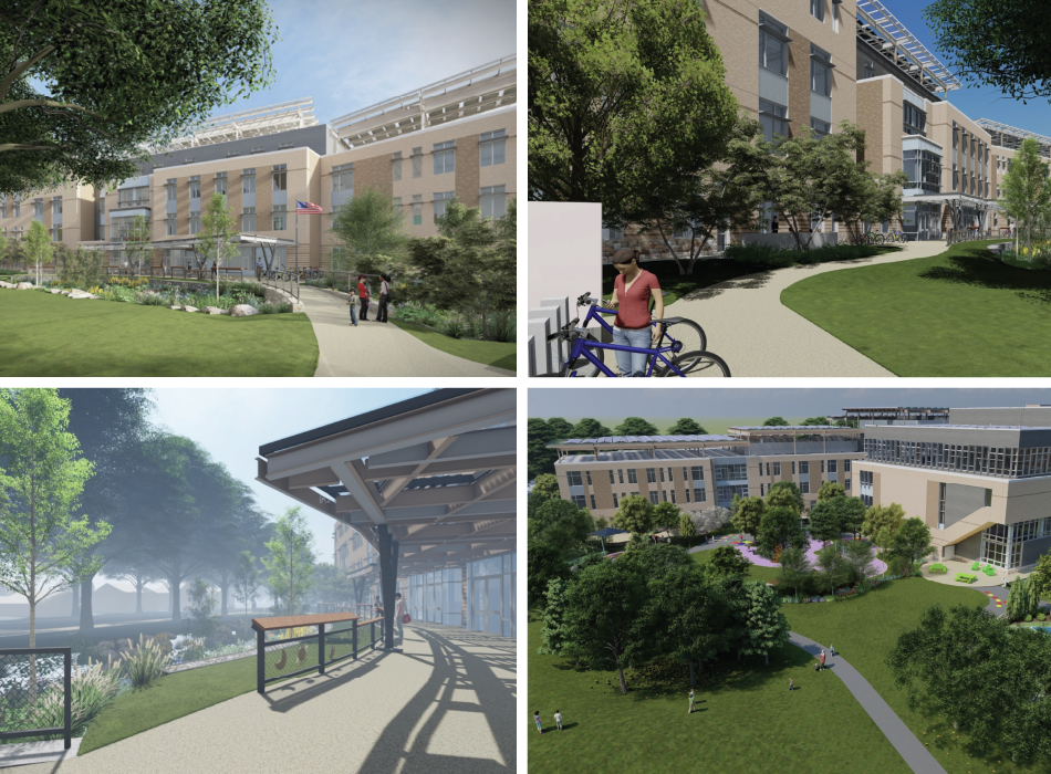 Four renderings of the school in various weather conditions
