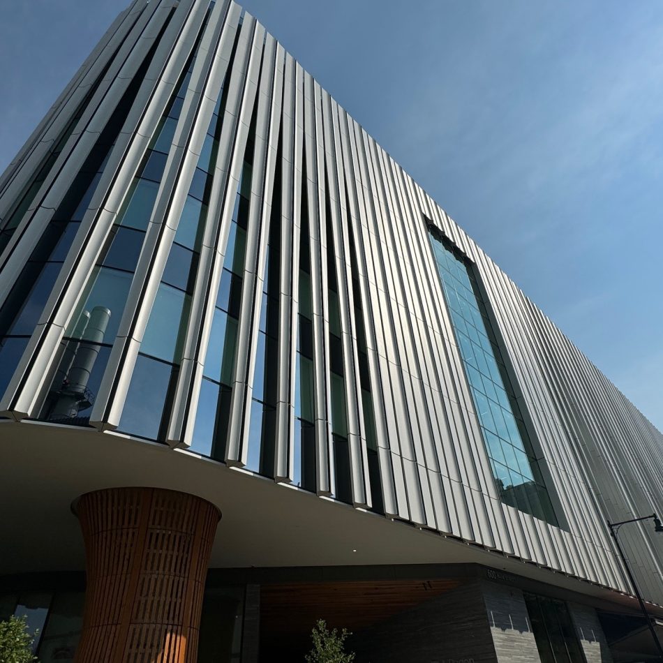 The facade of a metal building